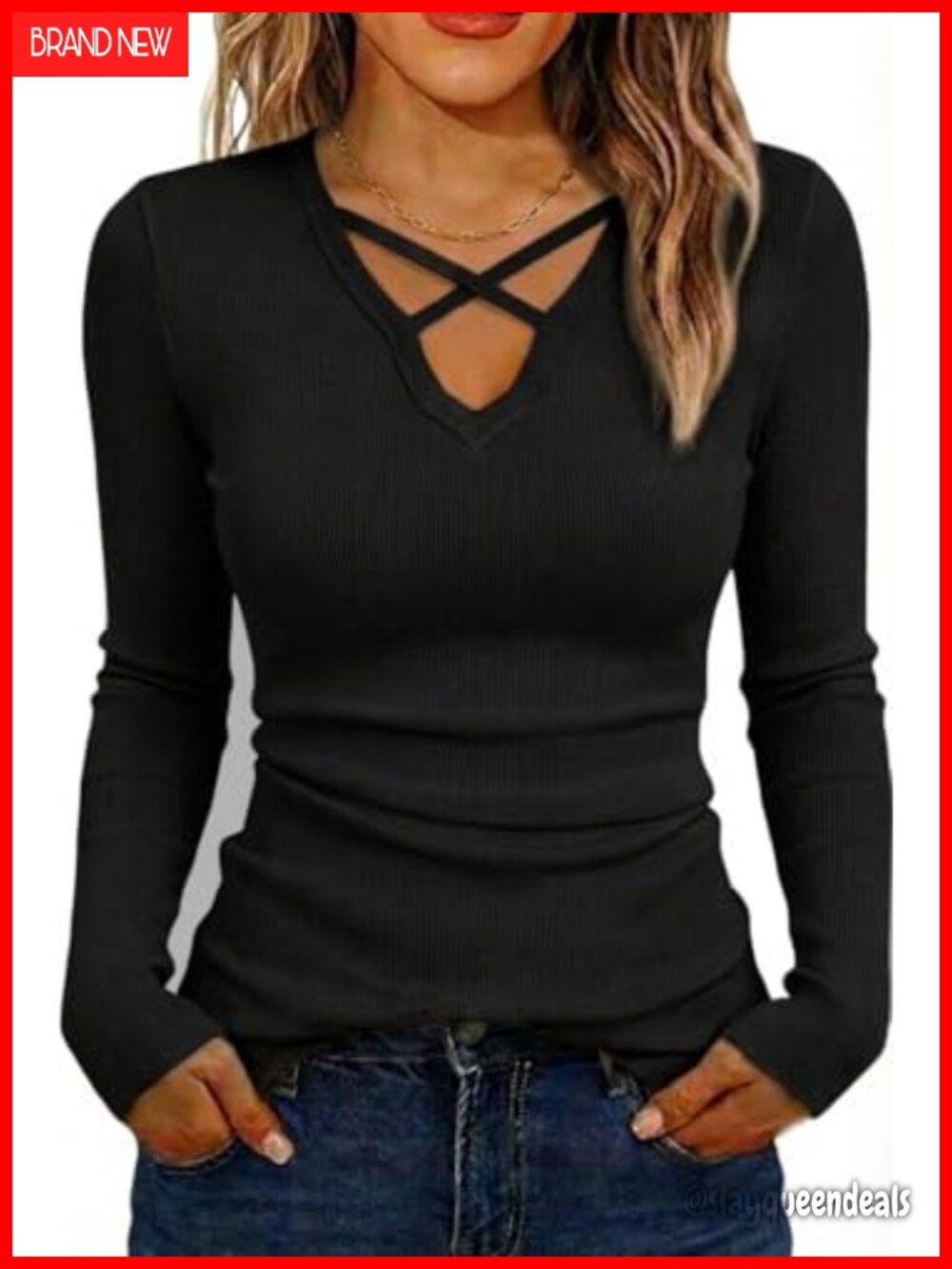 Ribbed Knit Long Sleeve V Neck Criss Cross Tunic Top Slim Fit Casual Blouse